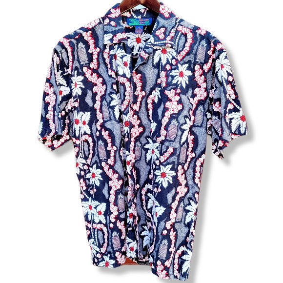 Vintage Roundy Bay Palm Trees, Pineapple Short Sleeve Button Down Hawaiian Shirt - Picture 1 of 8